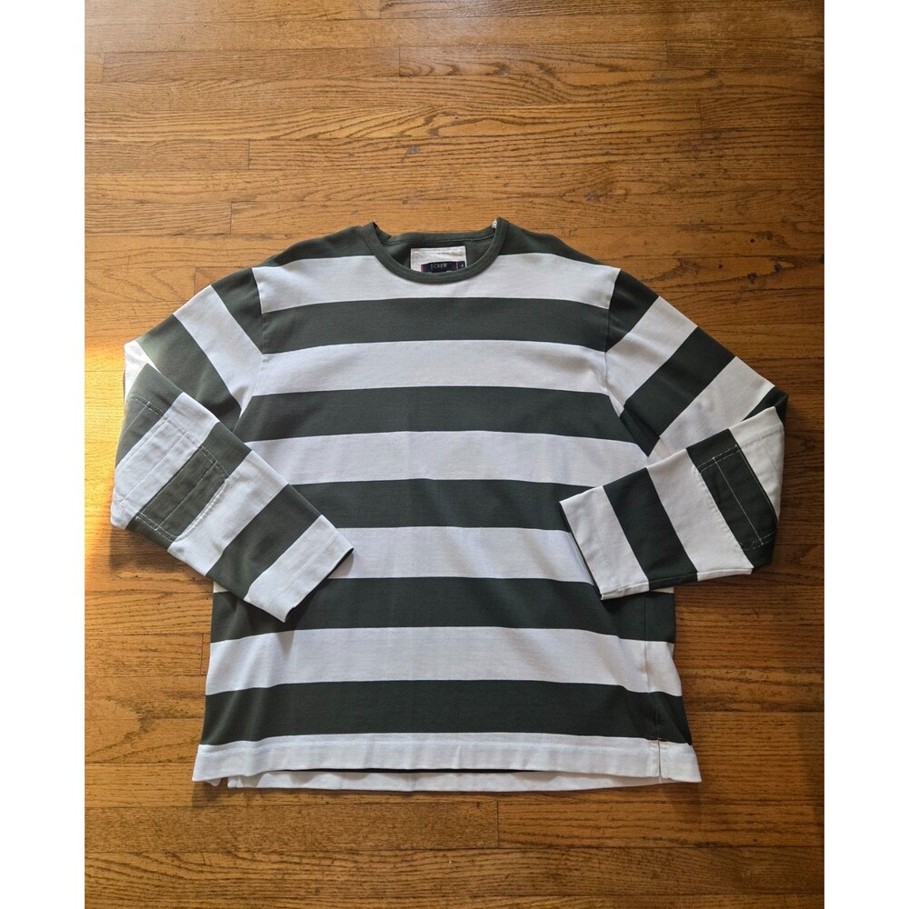 J Crew Rugby Shirt Mens XL Green Wide Striped Elbow Pads Preppy